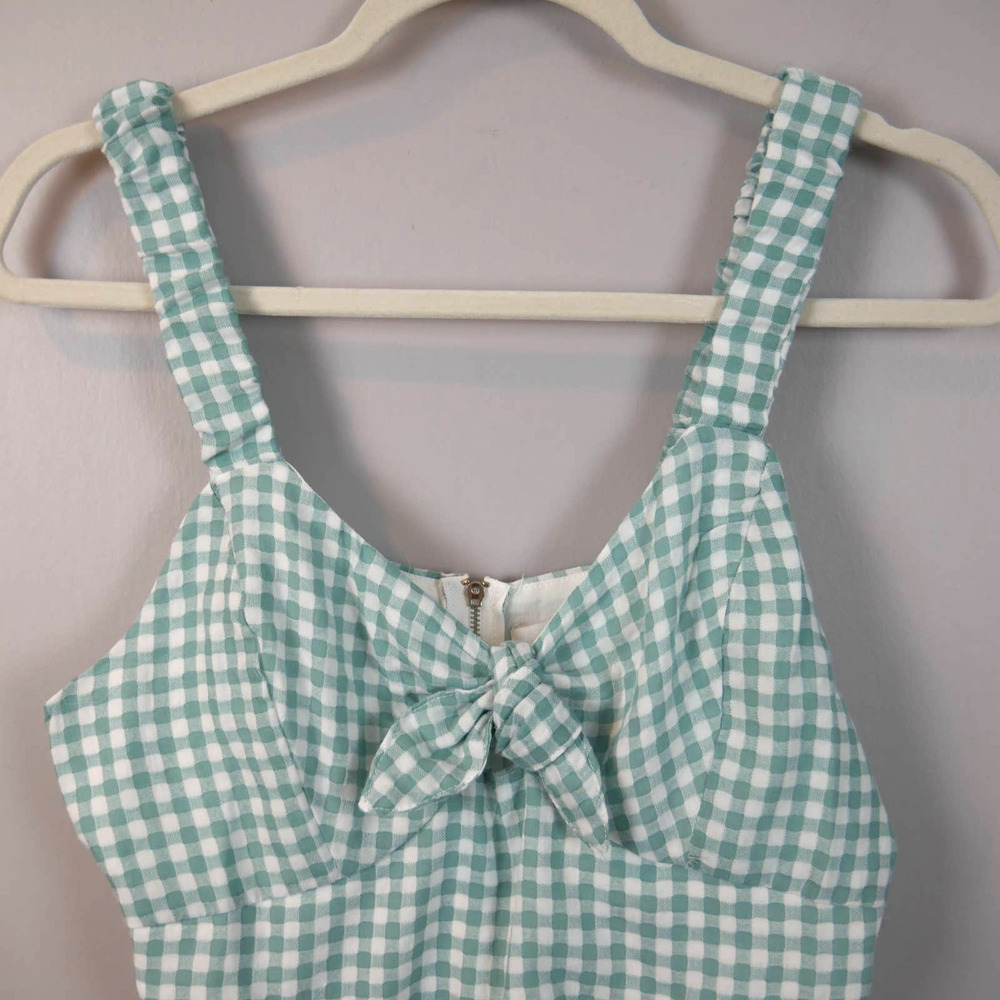 𝅺FRANCESCA'S NWT Liza Green Front Tie Gingham Romper Size Medium - Picture 5 of 10